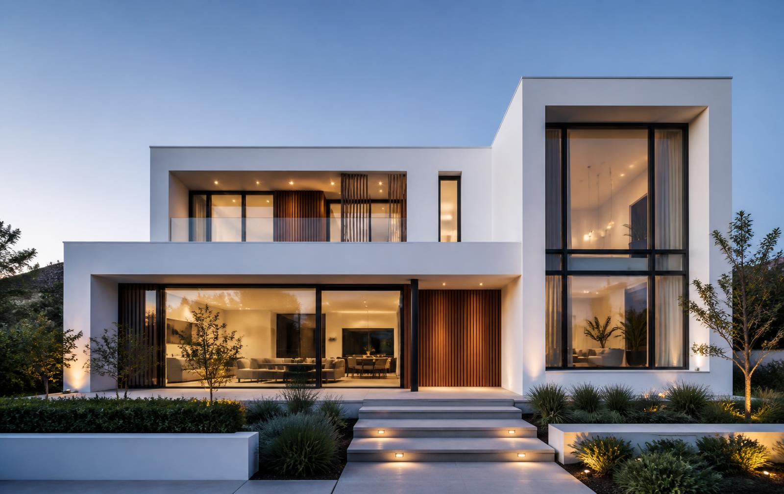 Residência contemporânea de dois pavimentos com volumes brancos, grandes aberturas envidraçadas e detalhes em madeira, ao anoitecer