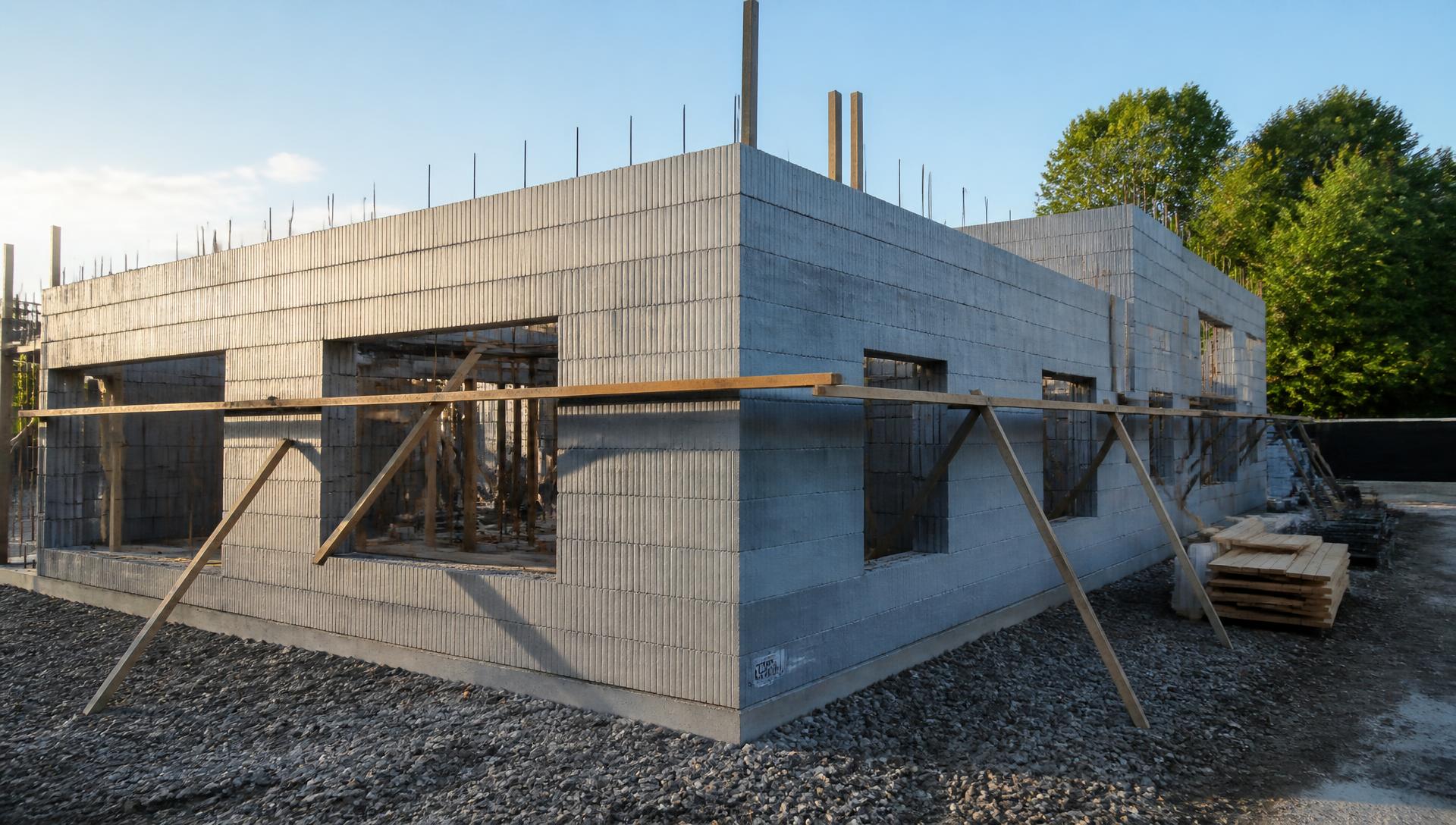 Paredes de uma residência em execução com formas isolantes modulares do sistema ICF, escoradas e alinhadas em canteiro organizado